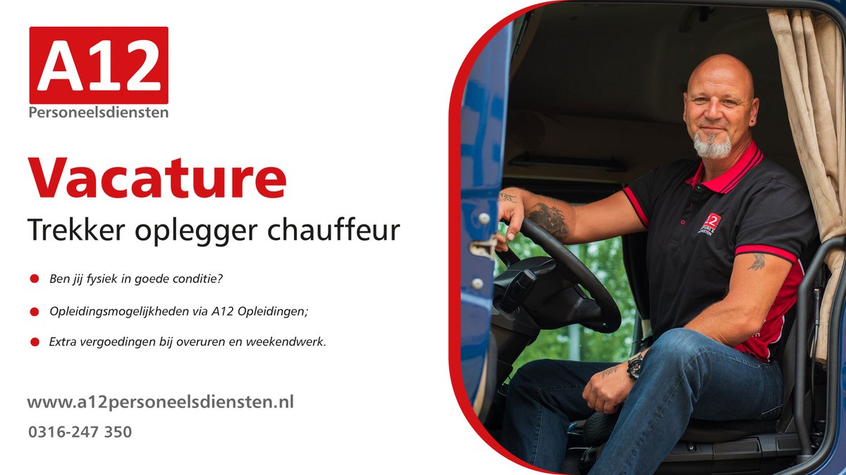 A12Personeel's tweet photo. Voor een opdrachtgever zijn wij op zoek naar een trekker oplegger chauffeur. Je zorgt ervoor dat de filialen op tijd worden bevoorraad. Met jouw rijstijl weet jij je als weggebruiker positief te onderscheiden. 👉 https://t.co/Ruoe5v6Pcr  ❄️#koeltransport #venlo #steenderen https://t.co/aXwaZdgwew