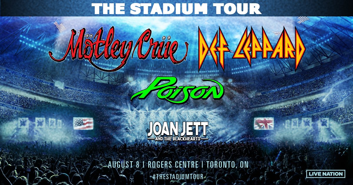 🎸JUST ANNOUNCED!🎸
<a href="/MotleyCrue/">Mötley Crüe</a> and <a href="/DefLeppard/">Def Leppard</a> with <a href="/Poison/">Poison</a> and <a href="/joanjett/">Joan Jett & the Blackhearts</a> are coming to Toronto, August 8 at the <a href="/RogersCentre/">Rogers Centre</a>! 
Tickets go on sale Friday, February 25 at 10am - but tune in to Q107 for your chance to BET THE BOX OFFICE!