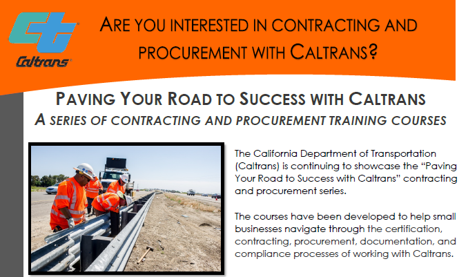 CaltransDist7's tweet photo. Are you a contractor who wants to work with @CaltransDist7? The Caltrans Small Business team delivers the virtual #trainingseries on contracting &amp; procurement “Paving Your Road to Success with Caltrans.” Courses held now until March 30. Register today at https://t.co/zQL0Nm2bJl https://t.co/m2QrGDkZao