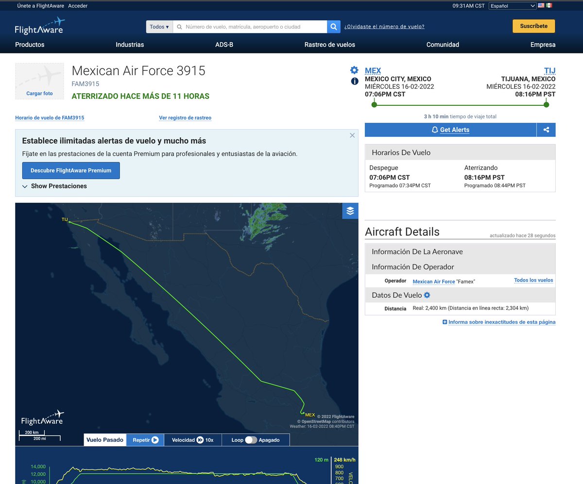 Oye, @QEQMentiras tengo una mentira para tu sección.

Hoy, @lopezobrador_ dijo que llegó a Tijuana en avión comercial de @Aeromexico, pero es mentira, llegó en el FAM3915 de la Fuerza Aérea. 

Adjunto ruta y video en donde miente. 

Gracias, @_lizvilchis. 
x.com/vampipe/status…