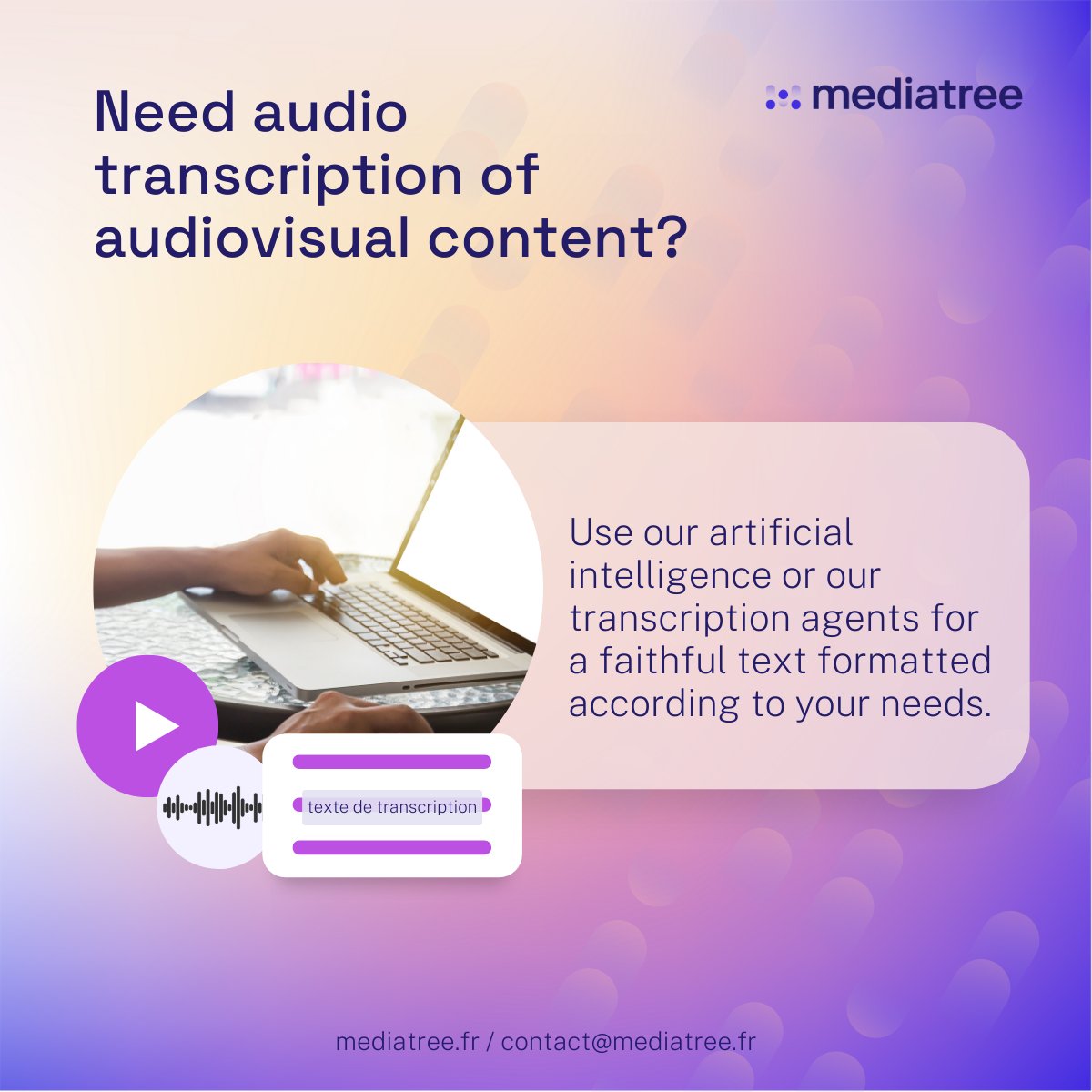 You are mentioned in the #media and you want the script ? Add subtitles to a video ? Or the #transcription of a content ? Entrust your project to our team who will reproduce the original speech in the format you need ✅

➡️ mediatree.fr/en

#monitoring #broadcast #audio