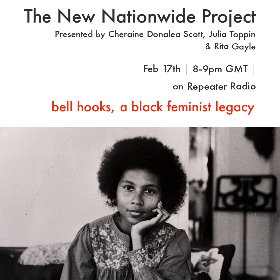 🚨 New episode of The <a href="/new_nationwide/">The New Nationwide Project</a> Project tonight at 8pm GMT | 3pm EST | 1pm PST. Hosts <a href="/rita_gayle/">Rita Gayle</a>, <a href="/Goldielocs16/">Cheraine Donalea Scott</a> and <a href="/Miss_Toppin/">Julia Thee Junglist Historian</a> discusses the Black feminist legacy left behind by the late &amp; great bell hooks. 🎧 Listen on <a href="/Repeater_Radio/">Repeater Radio</a>