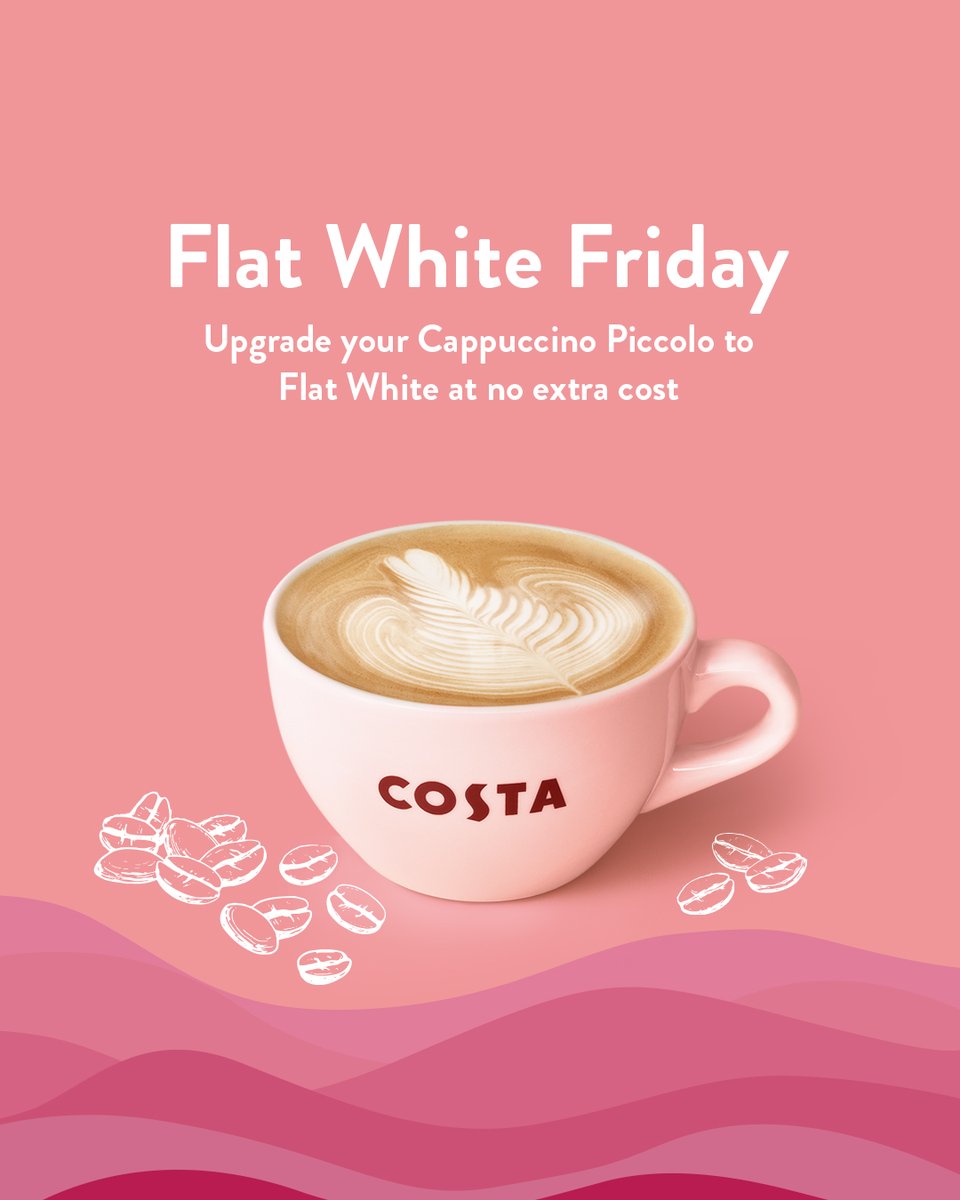 CostaCoffeeInd's tweet photo. Fridays just became a whole lot better because #FlatWhiteFriday is here! Upgrade your Cappuccino drink to a #FlatWhite at no extra cost. Offer available at all #CostaCoffee outlets on every Friday until the end of March.
So, what are you waiting for? Try a Flat White today! ☕❤️ https://t.co/50W1Xu227k