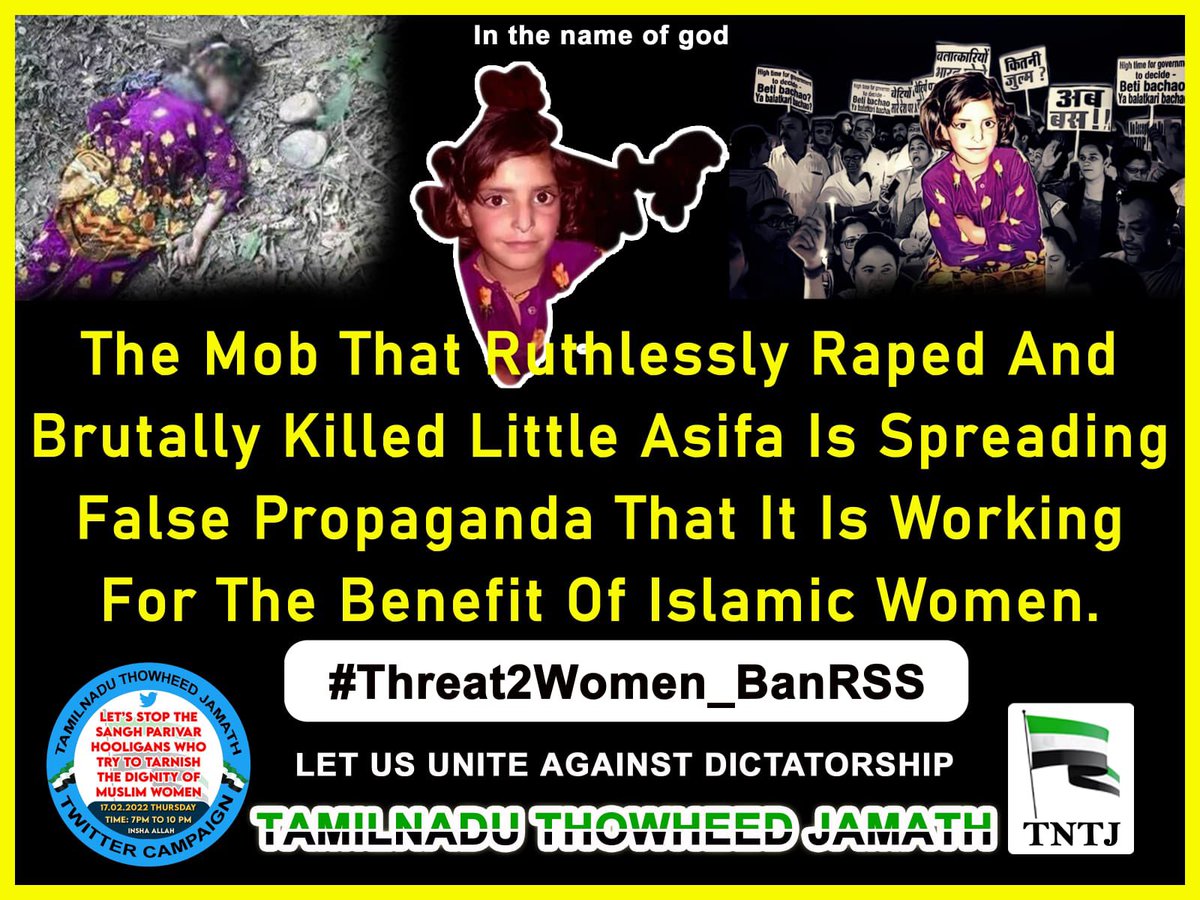 tntjho's tweet photo. The Mob That Ruthlessly Raped And Brutally Killed Little Asifa Is Spreading False Propaganda That It Is Working For The Benefit Of Islamic Women.
#Threat2Women_BanRSS https://t.co/Ar3auSTZsw