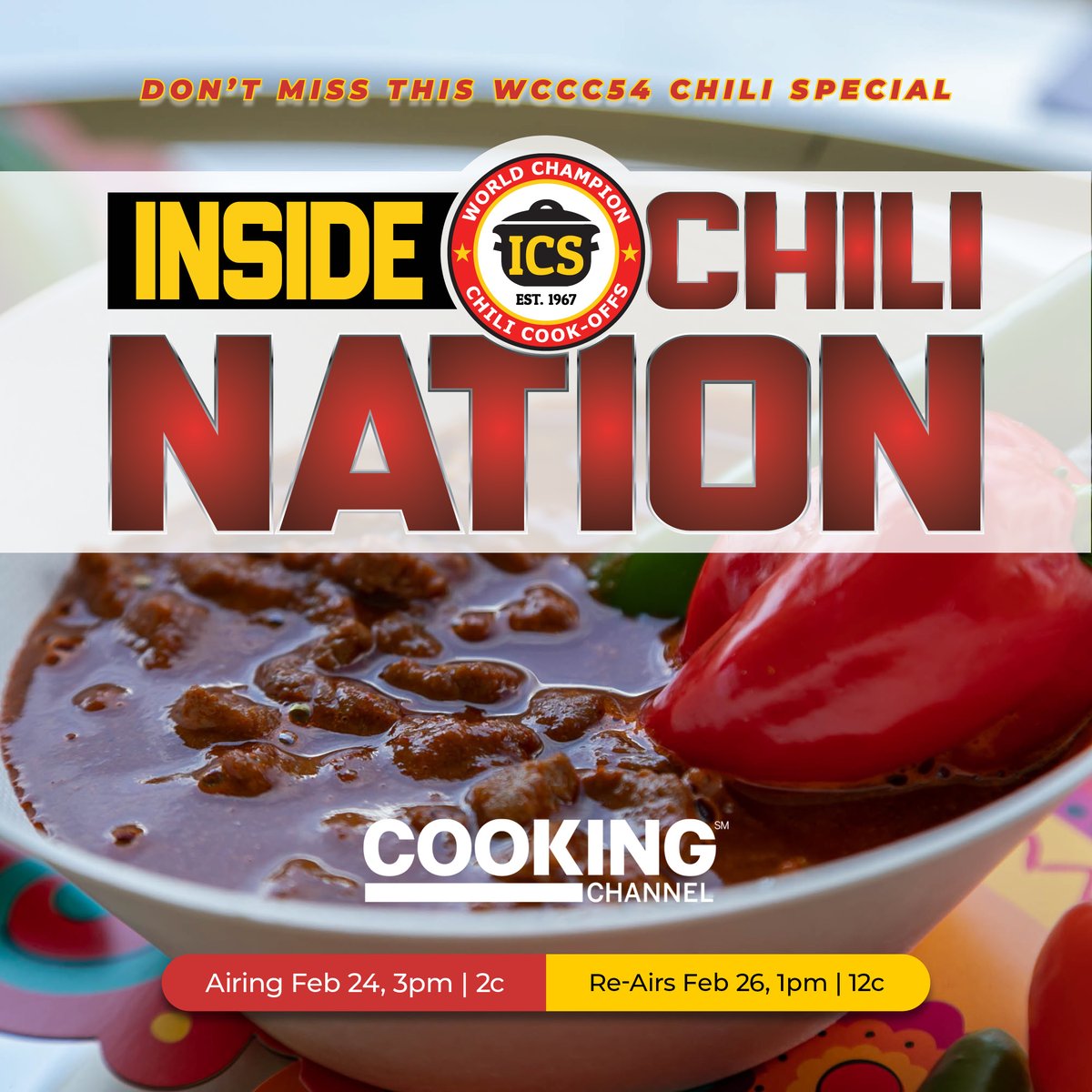 Do you want a special behind the scenes look at #WCCC54? 🥣 Then you definitely will want to take a look INSIDE CHILI NATION, which airs a week from today at 3pm ET on the @CookingChannel! @BushsBeans | @MyMyrtleBeach