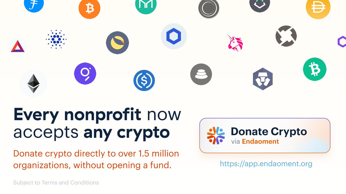 endaomentdotorg's tweet photo. Today, we’re thrilled to announce Direct Donations of virtually any digital asset to over 1.5 million organizations. Any #nonprofit now accepts any #crypto. 💸 https://t.co/23SaUW3OZe