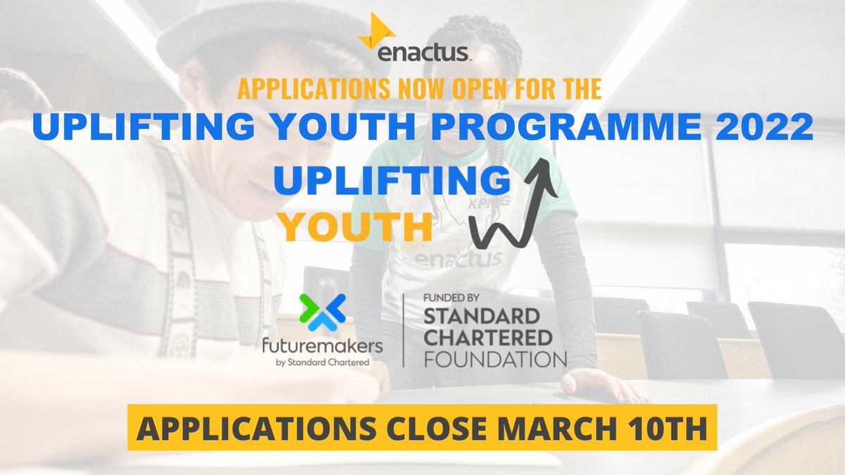 Enactus Ireland - Inactive (@enactusireland) on Twitter photo Would you like your project to have more support in terms of funding, training & mentorship? Applications for the Uplifting Youth Programme are open until March 10th with ten places for projects on the Programme! Find out more here: bit.ly/3t4qC6L #EnactusUYP #WeAllWin Would you like your project to have more support in terms of funding, training & mentorship? Applications for the Uplifting Youth Programme are open until March 10th with ten places for projects on the Programme! Find out more here: bit.ly/3t4qC6L #EnactusUYP #WeAllWin