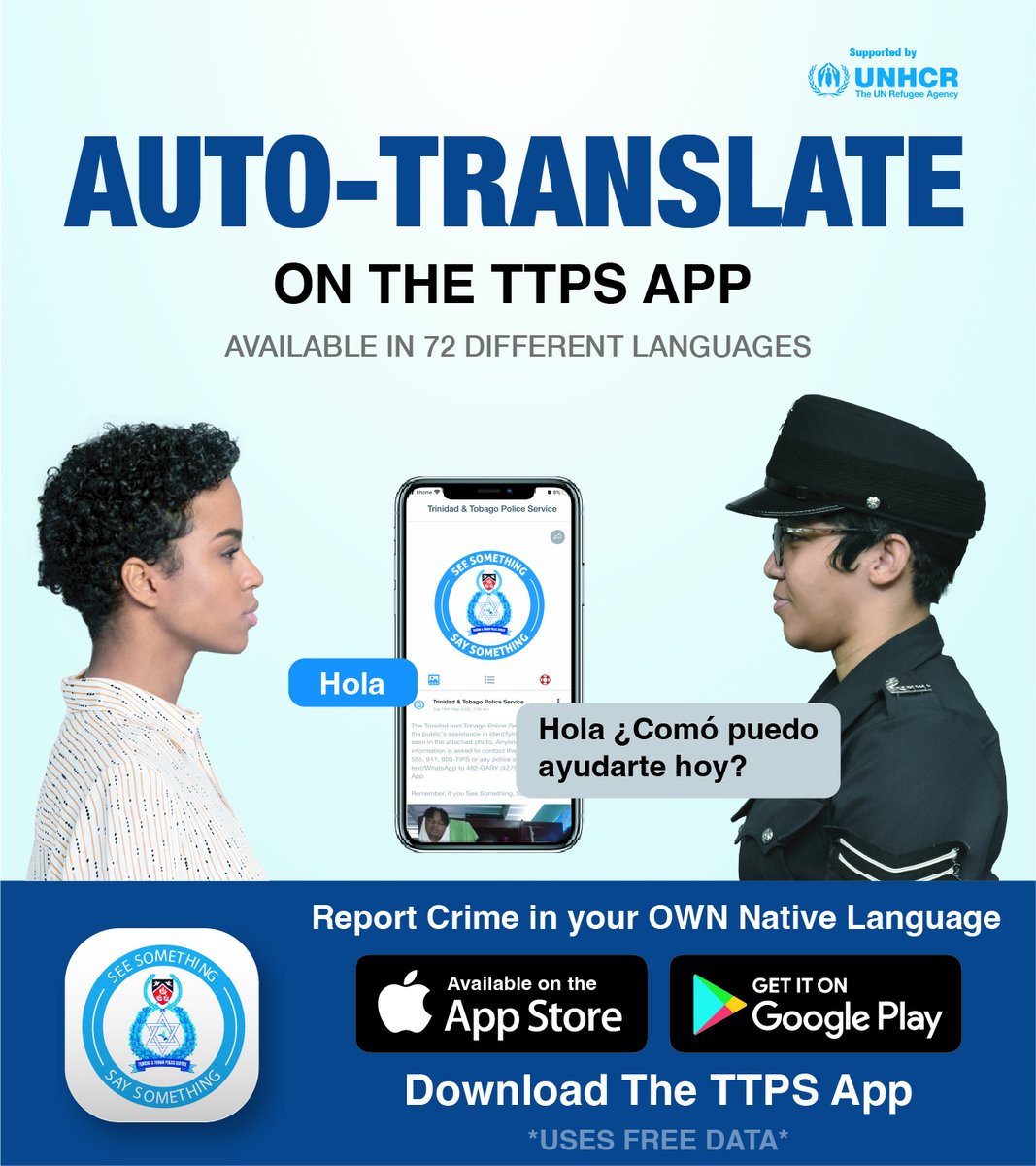 TTPoliceService's tweet photo. The #TTPSApp now lets you report crimes in 72 different languages.
If you do not speak English, the Auto-Translate feature allows you to communicate in real-time with a police officer in your native language on the TTPS App. https://t.co/aeGJVdxdo4