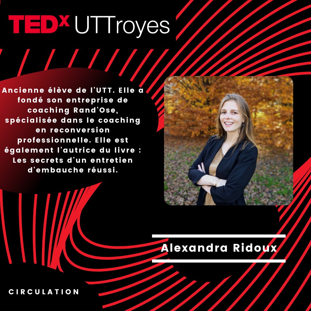 ❗Il est temps de vous présenter notre cinquième speaker❗

👉Alexandra Ridoux, une diplômée ingénieure de l'UTT !

N’oubliez pas de prendre votre place pour la voir aborder le thème de la circulation à sa façon ! 

☝Restez bien connectés pour les prochains speakers !