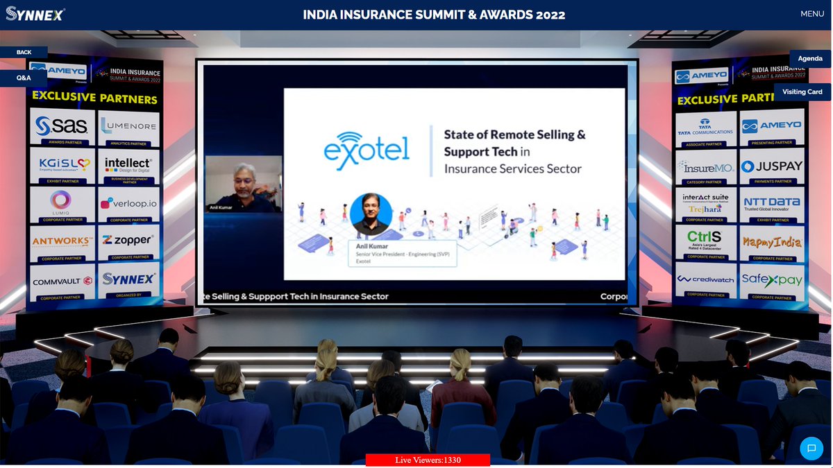 We are #Live on a corporate presentation by maestro expert Anil Kumar Senior Vice President and Head of Engineering at Exotel from <a href="/AmeyoCIM/">AMEYO</a>  sharing their valuable insights on State of Remote Selling &amp; Support Tech in Insurance Sector at the India Insurance Summit &amp; Awards 2022
