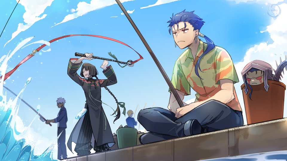 cu chulainn (fate) ,cu chulainn (fate/stay night) fishing rod fishing  holding fishing rod multiple boys