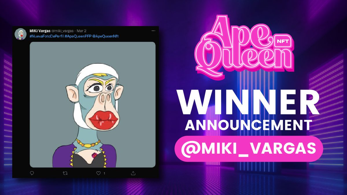 ApeQueenNft's tweet photo. 🔥Congrats to @miki_vargas 🔥
Winner of Hashtag Event!
.
Pls keep an eye on your dms, @miki_vargas 
will message you :)
#ApeQueen #Terra #TerraNFT #LUNA https://t.co/AOeCwa5M52