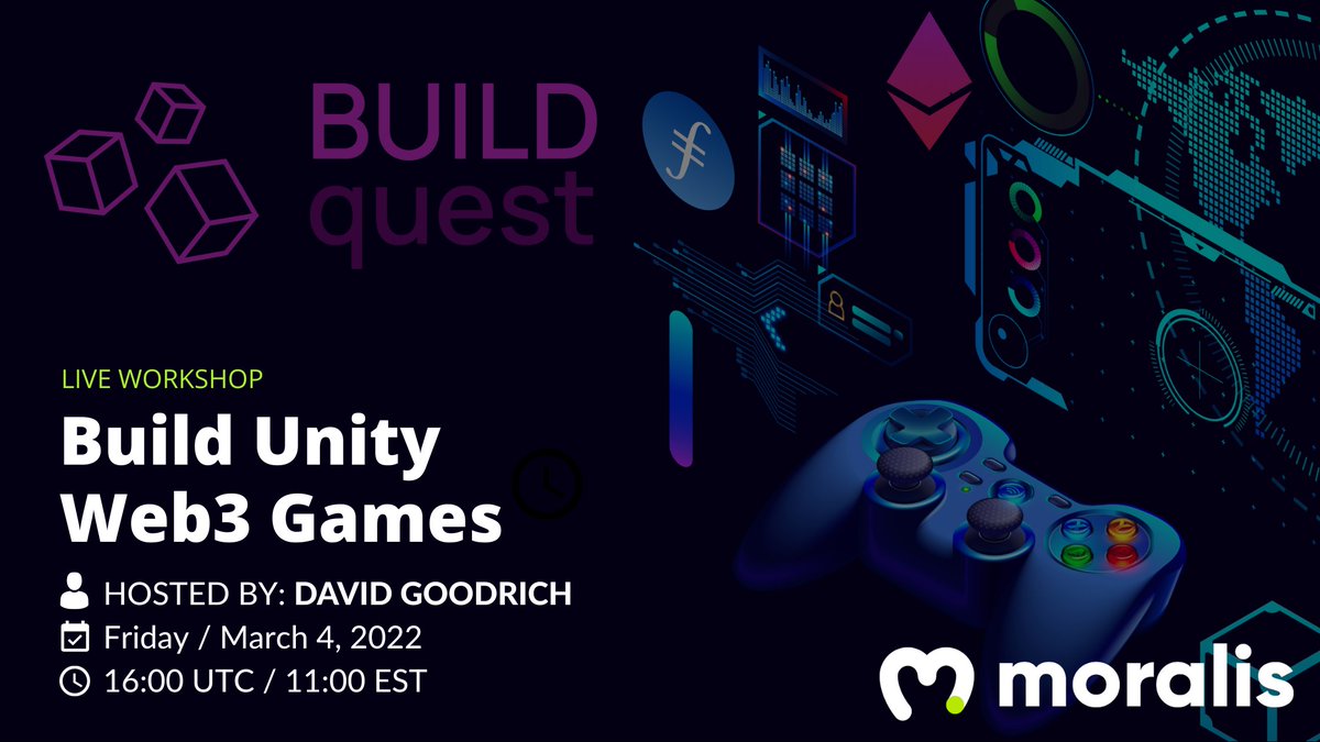 moralisdevs's tweet photo. Our very own @DavidBGoodrich is hosting a workshop for @ETHGlobal's #BuildQuest Hackathon!

Aspiring #Web3 Game builders get ready! In this workshop, David will show how to build games using @unitygames and the Moralis Metaverse SDK.

Don't miss it!
🗓️ Friday, March 4
🕓 4 PM UTC https://t.co/ClSyO53jMg