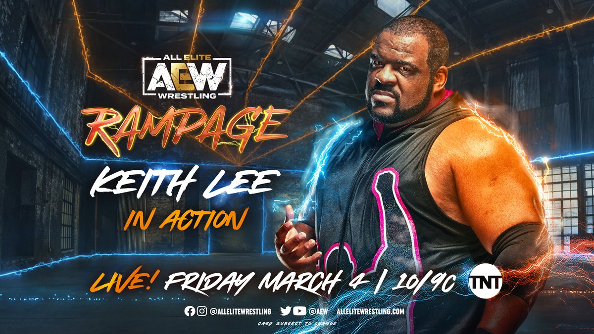 AEW's tweet photo. TONIGHT on #AEWRampage LIVE at 10/9c on @tntdrama!
-TNT Championship 3-Way @sammyguevara (c) v @darbyallin v @AndradeElIdolo
-#FaceOfTheRevolution Qualifier @OfficialEGO v @Christian4Peeps
-@RealKeithLee in action
-#TheProfessor @SerenaDeeb’s 5 Minute Challenge https://t.co/rYBmGAke0I