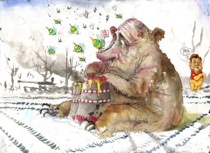 A very grumpy Russian bear trying to raid some honey pots