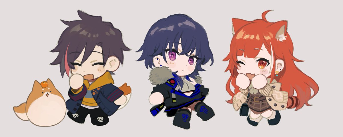 chibi animal ears 1girl jacket 2boys streaked hair red hair  illustration images