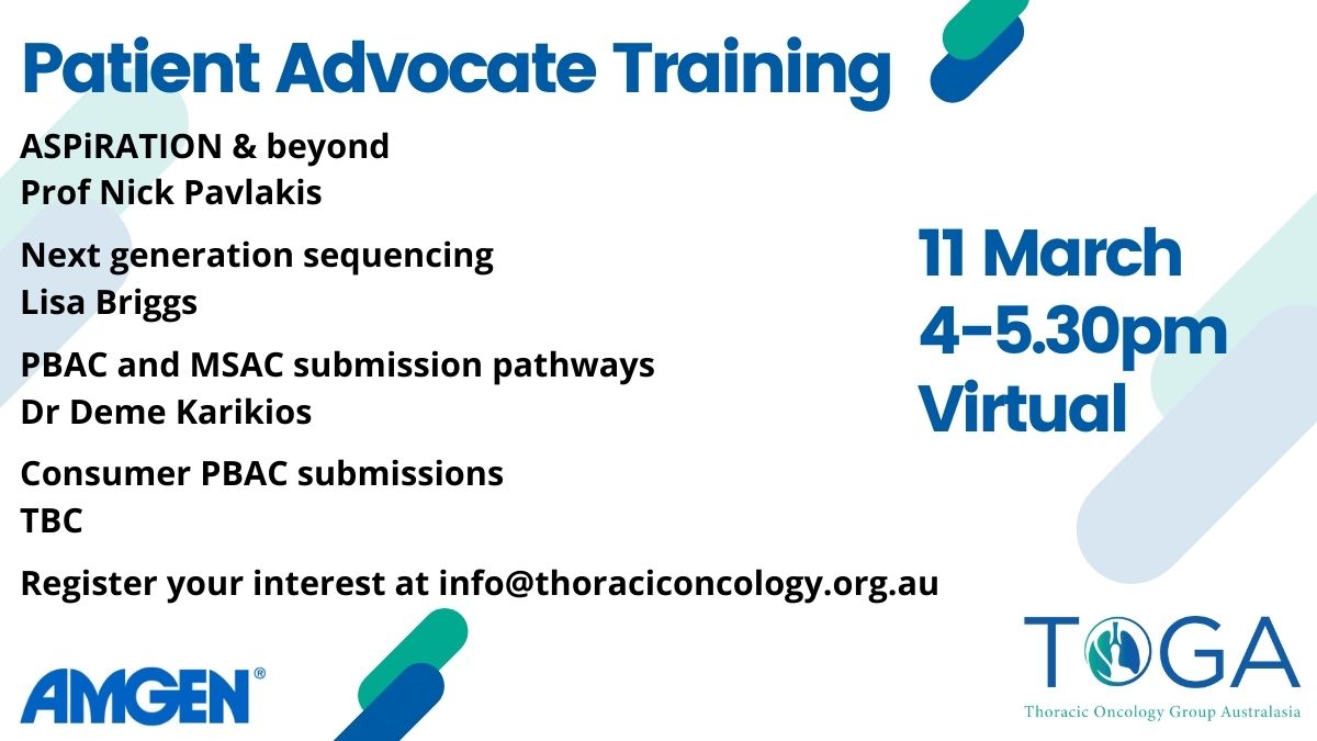 TOGAANZ's tweet photo. All welcome for consumer rep. training
-molecular (NGS) testing for metastatic NSCLC
-how #ASPiRATIONstudy provides access to testing
-an explanation of PBAC & MSAC submission pathways & how to assist with drug & test reimbursement
Contact info@thoraciconcology.org.au #LCSM https://t.co/tY7uDqddci