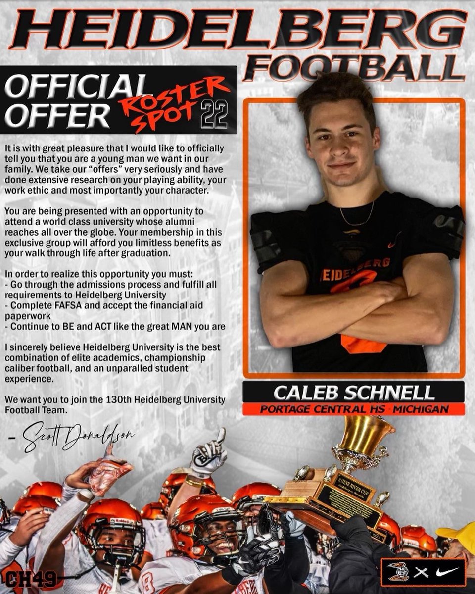 CalebSchnell22's tweet photo. I’m excited to receive an offer to play football at the next level at Heidelberg. Again, thank you @Coach_Donaldson @coachjasonlewis @Joe_Vacik @hughes3ch https://t.co/pTA6sZijr5