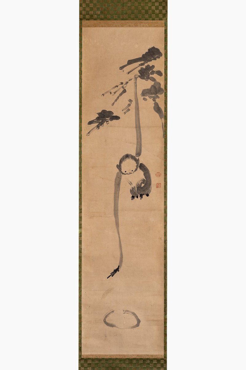 8 樊有信/猿猴捉月/肉筆/紙本/掛軸/中国美術 恭賀新春 伊藤若冲《猿猴捉月図》（1770年頃 紙本墨画 114.9 x 48.4 cm