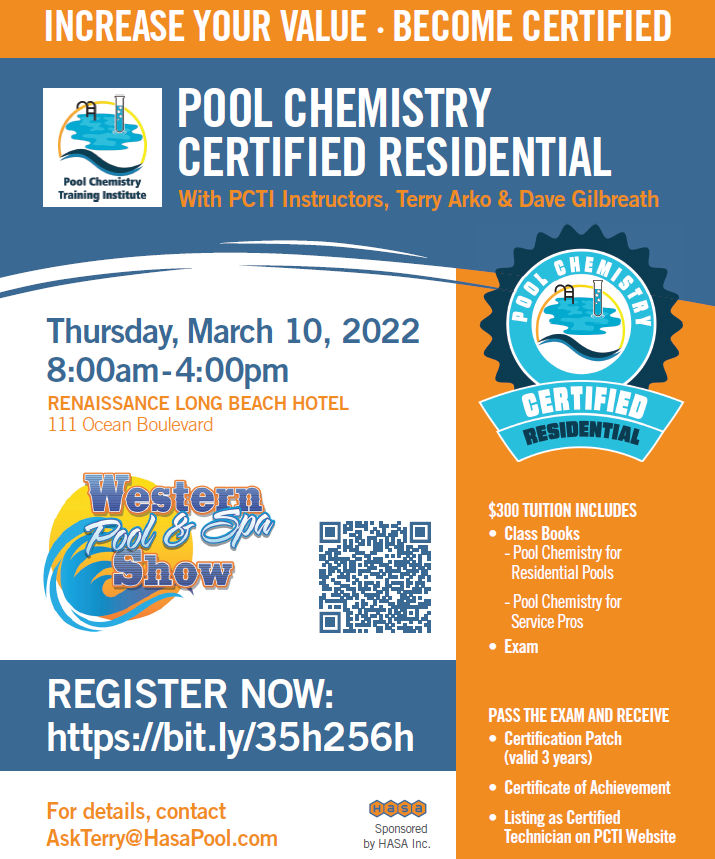 hasapoolinc's tweet photo. Get PCCR Certified at the Western Pool &amp; Spa Show next week.  Register now for Pool Chemistry Training Institute PCCR Certification at: https://t.co/z3EGN1j4AW. For more information, email Terry@Hasapool.com.  #PCTI #Poolcertified #Poolpro #Poolcertified https://t.co/1p5osrwnkE