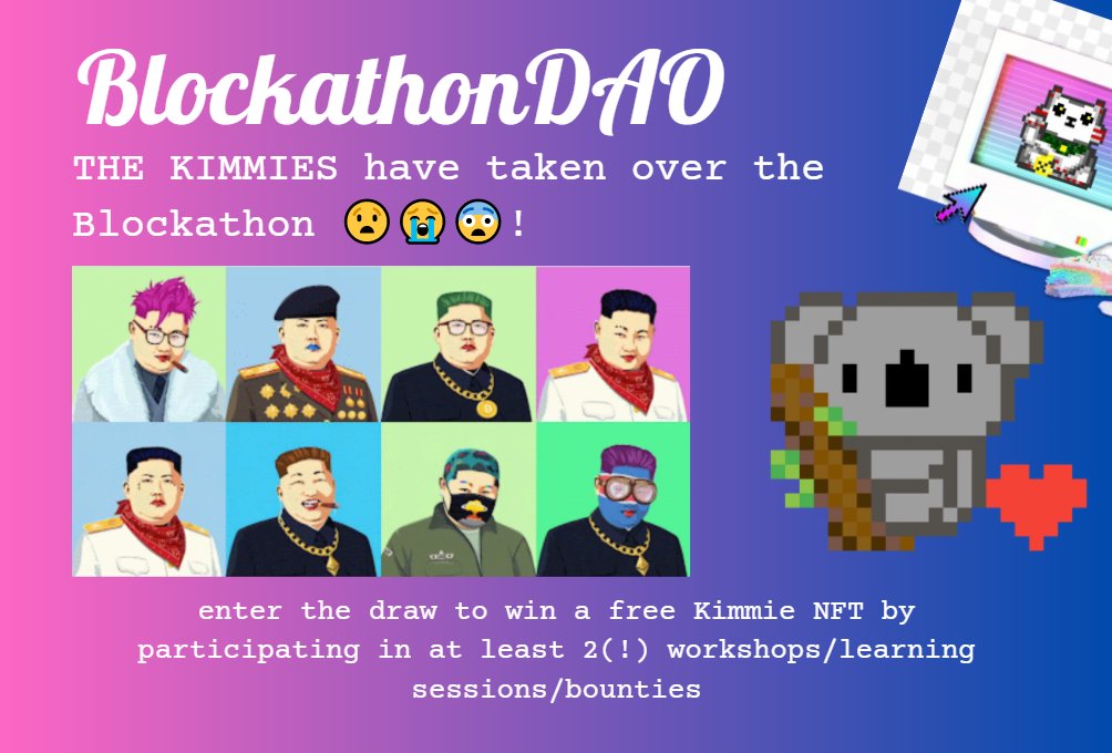Blockathon_DAO - 区块松DAO (@blockathon_dao) on Twitter photo <a href="/TheKimmies/">The Kimmies</a> have taken over the #blockathon while featuring in the largest NFT exhibition in Australia!😅edgesofchaos.com
Join/win 2 workshops/bounties throughout the #blockathon to be in draw to win a Kimmie NFT and take back the #blockathon!⚡️🍃
<a href="/Ducoment/">D</a> <a href="/HaymarketHQ/">Haymarket HQ</a> <a href="/TheKimmies/">The Kimmies</a> have taken over the #blockathon while featuring in the largest NFT exhibition in Australia!😅edgesofchaos.com
Join/win 2 workshops/bounties throughout the #blockathon to be in draw to win a Kimmie NFT and take back the #blockathon!⚡️🍃
<a href="/Ducoment/">D</a> <a href="/HaymarketHQ/">Haymarket HQ</a>