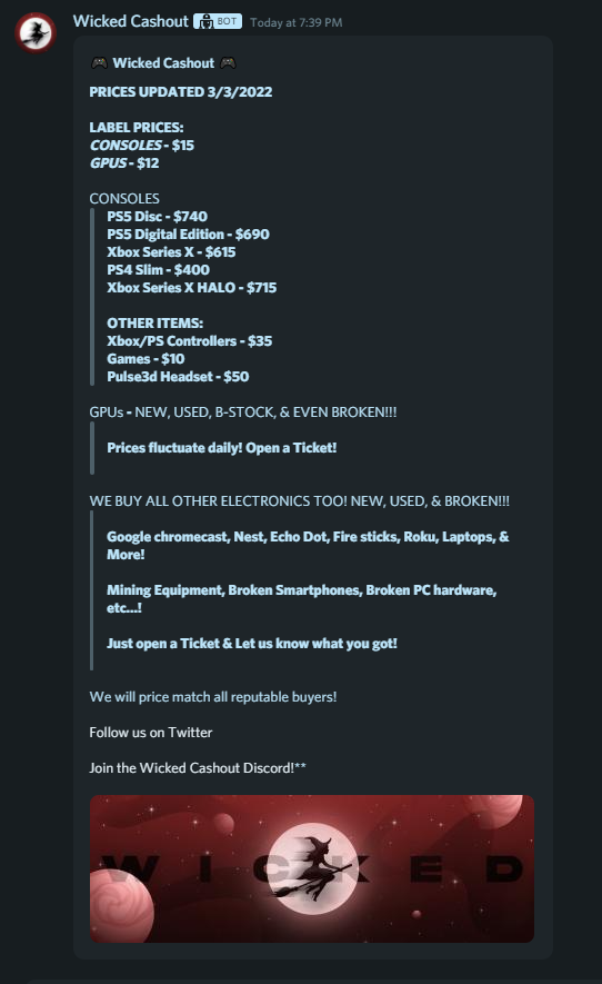 𝗡𝗢𝗪 𝗣𝗔𝗬𝗜𝗡𝗚 𝗔𝗧 𝗔 𝗖𝗔𝗦𝗛𝗢𝗨𝗧 𝗦𝗘𝗥𝗩𝗘𝗥 𝗡𝗘𝗔𝗥 𝗬𝗢𝗨 🎥

PS5 DISC - 💲740

PS5 DIGI -💲690

THE MARKET IS 🚀 &amp; WE ARE PAYING PREMIUM PRICES!

COMMENT YOUR THOUGHTS ON THE FUTURE OF THE CONSOLE MARKET BELOW, A FEW OF YOU WILL RECEIVE A 🎁IN YOUR DMS!