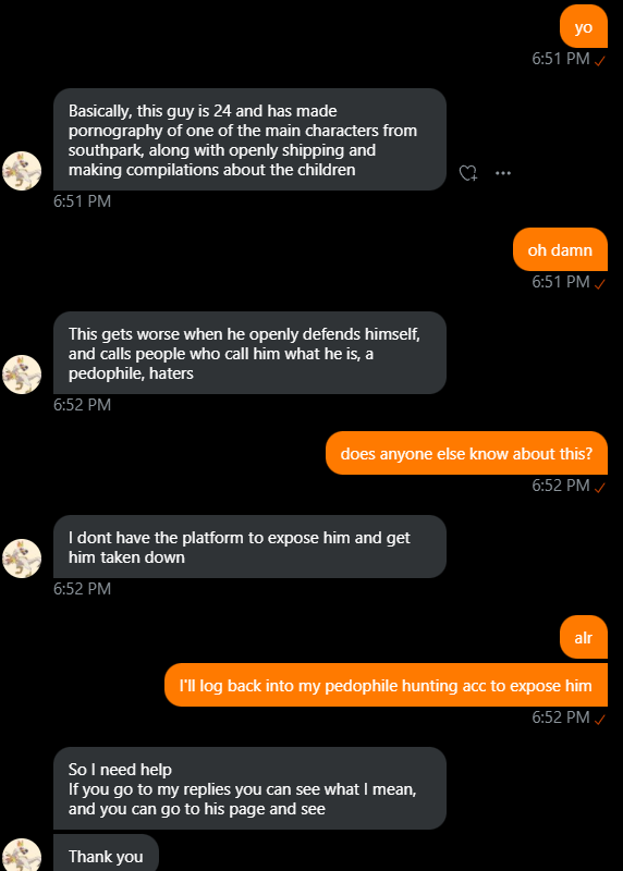 maparepedos's tweet photo. so theres a guy on the internet called @ClownSchoolReal that supposedly made pornography of the main characters of South Park (the main characters range from ages 8 - 10 depending on website) which seems like a problem if its true 1/2 https://t.co/LqJ212rvi9