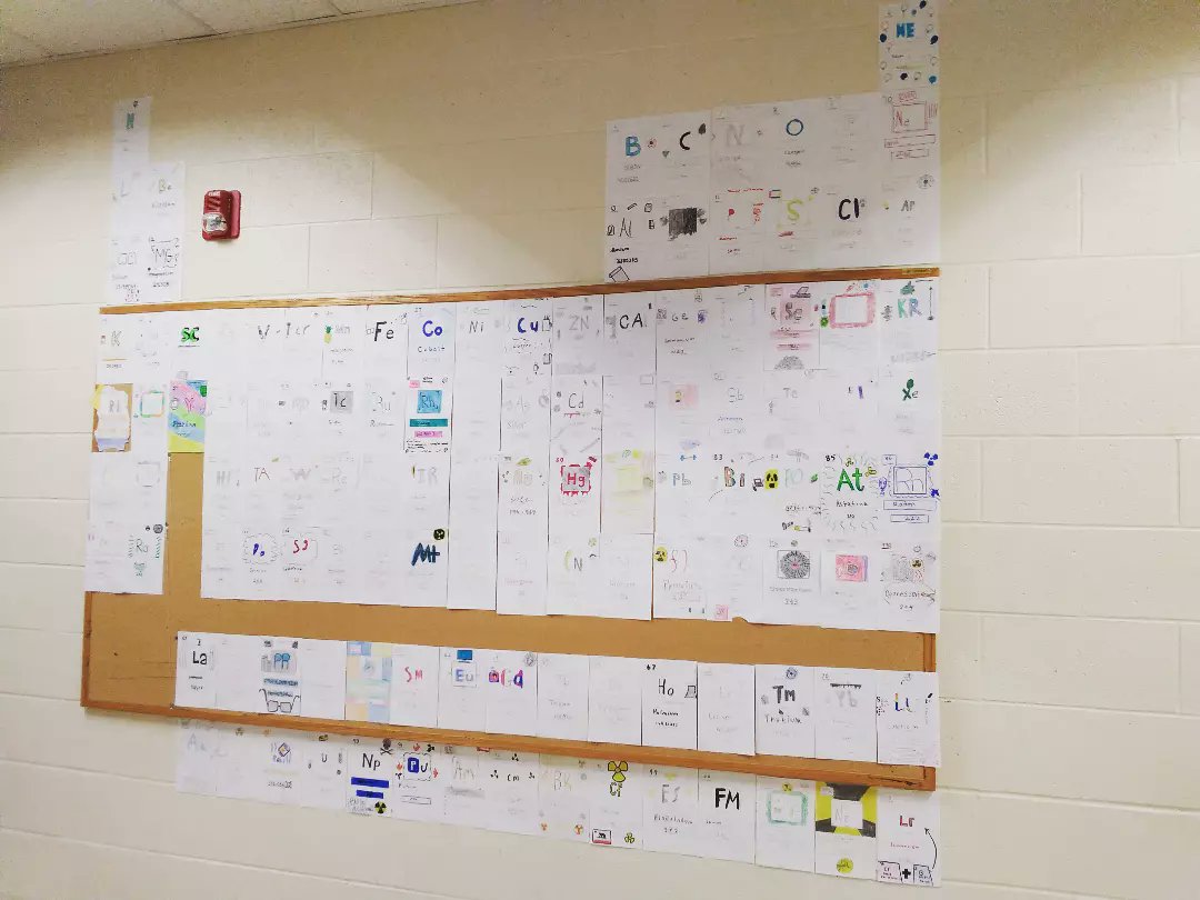MrsTouponce's tweet photo. Finally put up our giant student-created periodic table today! 🧪 #MiddleSchoolScience #WeAreNessacus https://t.co/86ksPuOIMG