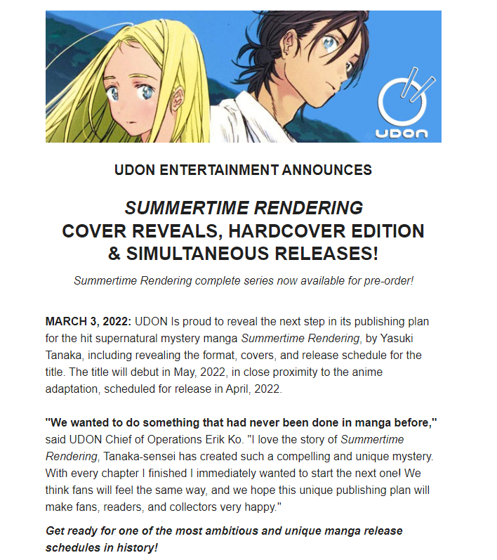 UDON To Publish ' Summertime Rendering' As Six Omnibus Editions In