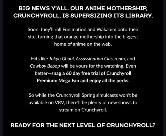 StarJettison's tweet photo. Got an email that VRV will no longer get new anime, guess I have to move to Crunchyroll
#RIPVRV https://t.co/H03f1dWht0