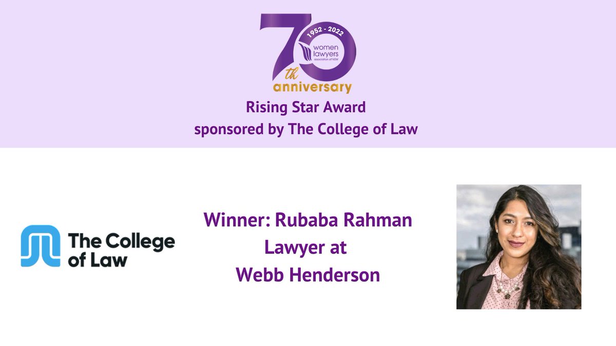 Congratulations to Rubaba Rahman on winning the Rising Star award! 

The College of Law sponsored the Rising Star of the Year award. We thank The College of Law for their support of the WLANSW. #womeninlaw #wlansw #wlaawards
