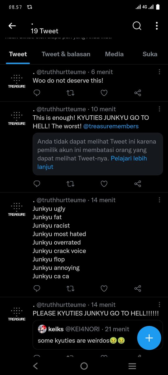 treasuremenfess's tweet photo. Teume! Mau minta tolong, akun ini terang2an hate 🐨 sebelumnya dia pake usn @pjw00favw sekarang jadi @.truthhurtteume kita udh rnb dari november tp ga ilang2, mohon bantuan kalian juga ya rnb akunnya rame2 biar ilang, dan jgn interact karena kita juga sengaja ga  (cont..) https://t.co/NJ7b2swtF2