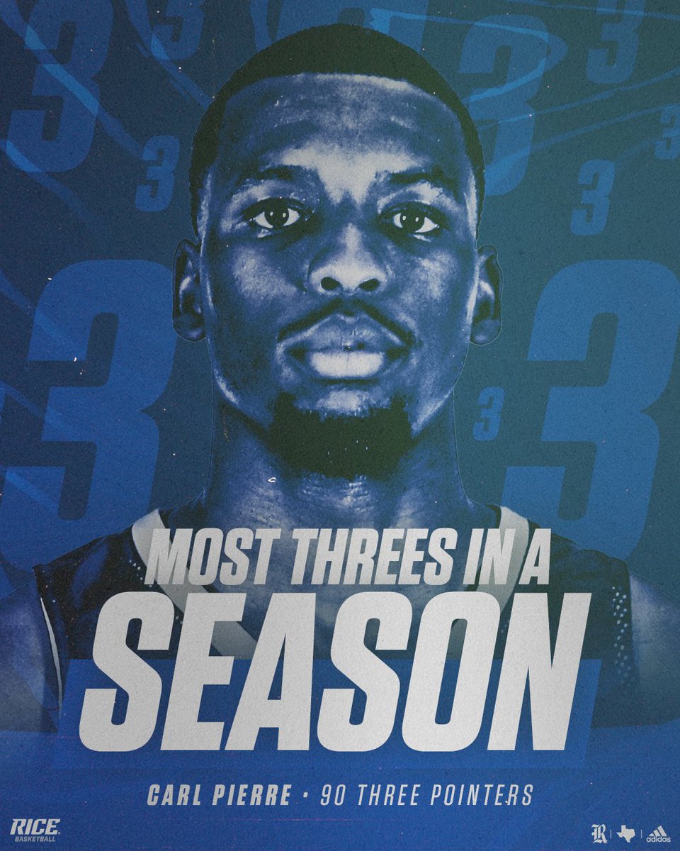 RiceMBB's tweet image. Carl Pierre is on fire! He has 6 3's, including 4 this half, and with his last 3, he now has 90 on the year to set the Rice single-season record!