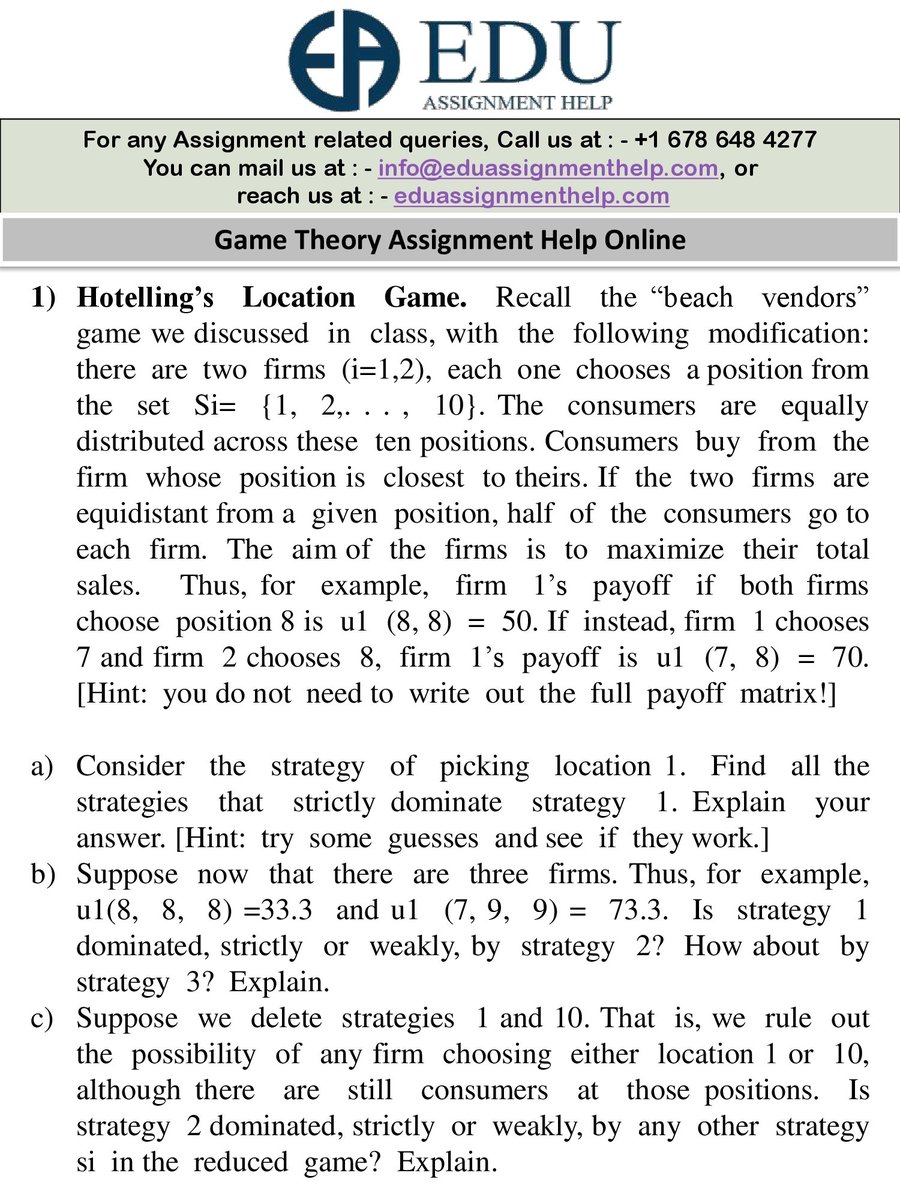 Edu_Assignment's tweet image. I am Green J. I am a Game Theory Assignment Expert at eduassignmenthelp.com. I have been helping students with their assignments for the past 11 years. I solve assignments related to Game Theory. To see the full assignment visit flic.kr/s/aHBqjzEuZG
#gametheoryassignmenthelp