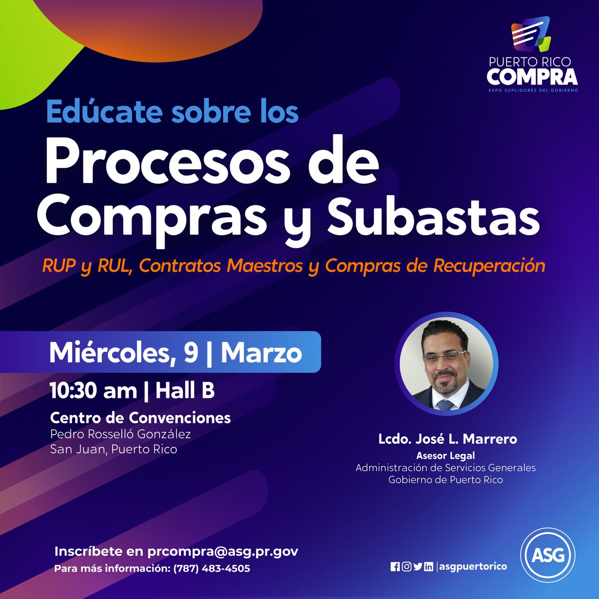 ASGPUERTORICO's tweet photo. ¡No te la pierdas! el 9 de marzo @ 10:30 am la capacitación sobre los procesos de compras y subastas del gobierno. 

También podrás echarle un vistazo a más de 200 exhibidores con productos y servicios que estarán presentes en el @prconvention. 

¡Te esperamos!
.
.
.
@JLMarreroPR https://t.co/fIswdrNOk3
