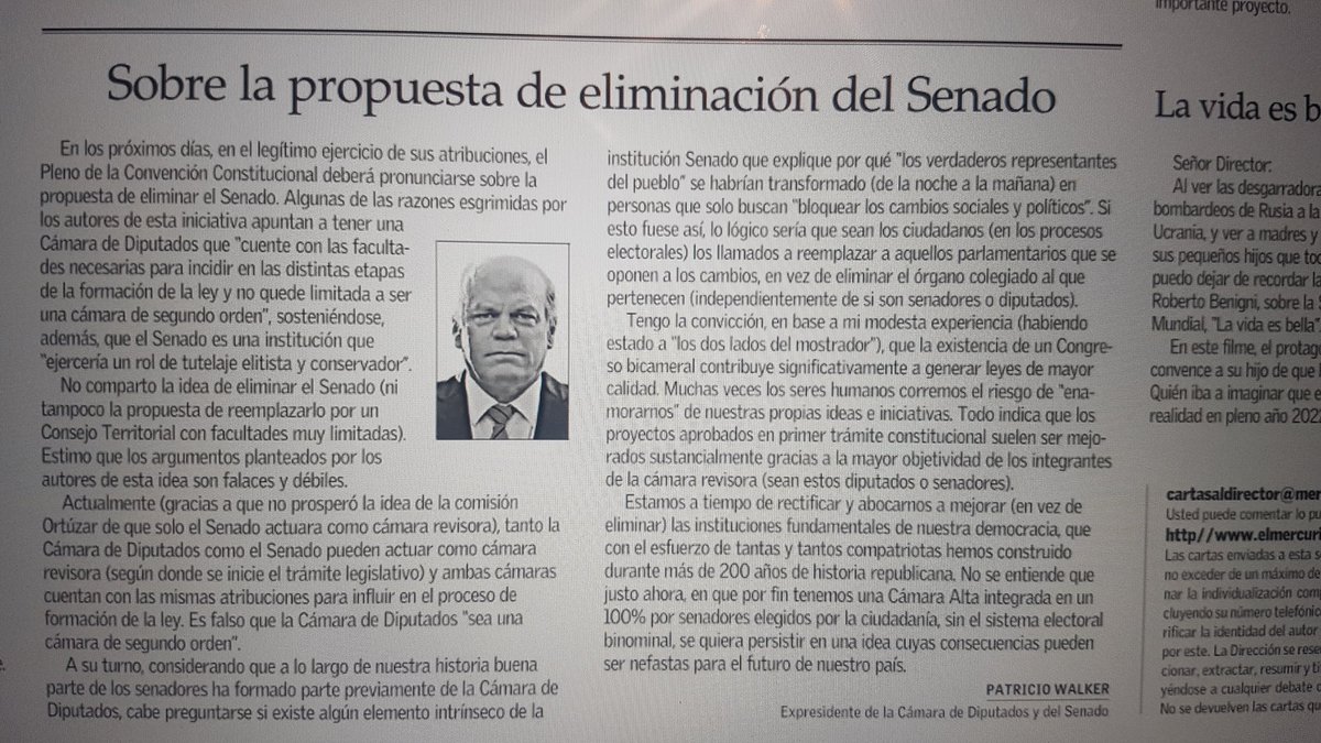 Comparto mi columna de opinión sobre la propuesta de eliminación del Senado, publicada en la edición de hoy del diario El Mercurio