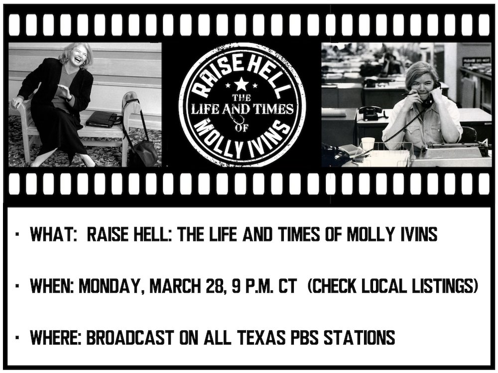 MollyIvinsFilm's tweet photo. BREAKING MOLLY NEWS! Texas Beloveds! 
"Austin, TX – In honor of Women’s History month in March, Texas PBS stations will present the award-winning documentary film, RAISE HELL: The Life and Times of Molly Ivins!" Save The Date, 3-28-22, And Stay Tuned! #RaiseHell #missmolly #PBS https://t.co/uhWpVAZcII