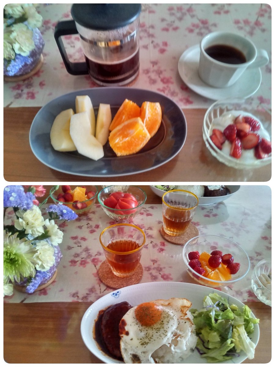 朝食は果物とヨーグルト(私) 昼はロコモコ風(息子と私)、 マカロニサラダ、果物。