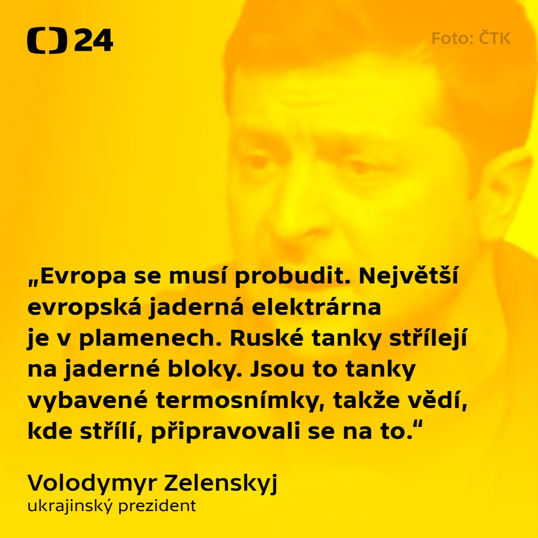 CT24zive's tweet photo. „Bude to konec všech, konec Evropy, pokud tam dojde k výbuchu,“ řekl ukrajinský prezident Zelenskyj v reakci na požár tamní elektrárny. Video zveřejnil na svém facebookovém profilu. Ruská vojska podle něj může zastavit pouze okamžitá evropská akce. https://t.co/5unfFP4fFs