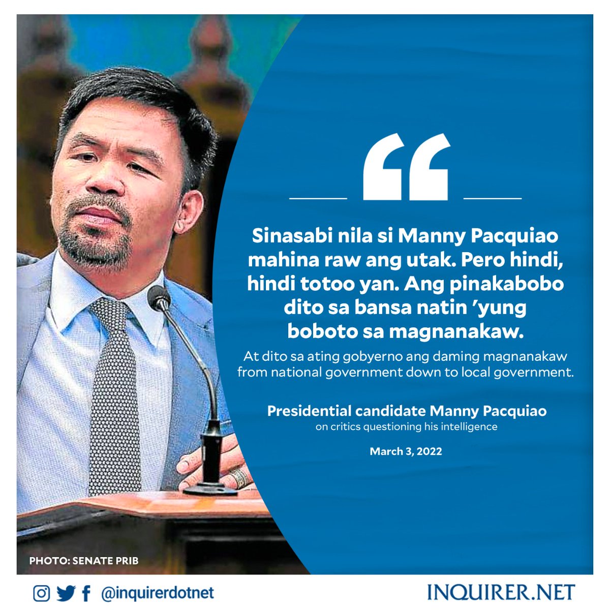 inquirerdotnet's tweet photo. 'ANG PINAKABOBO SA BANSA 'YUNG BOBOTO SA MAGNANAKAW.' 

During his campaign on Thursday, presidential candidate Sen. Manny Pacquiao took a swipe at his critics who question his intelligence yet will vote for a thief. #VotePH #OurVoteOurFuture https://t.co/inGgRDabUd