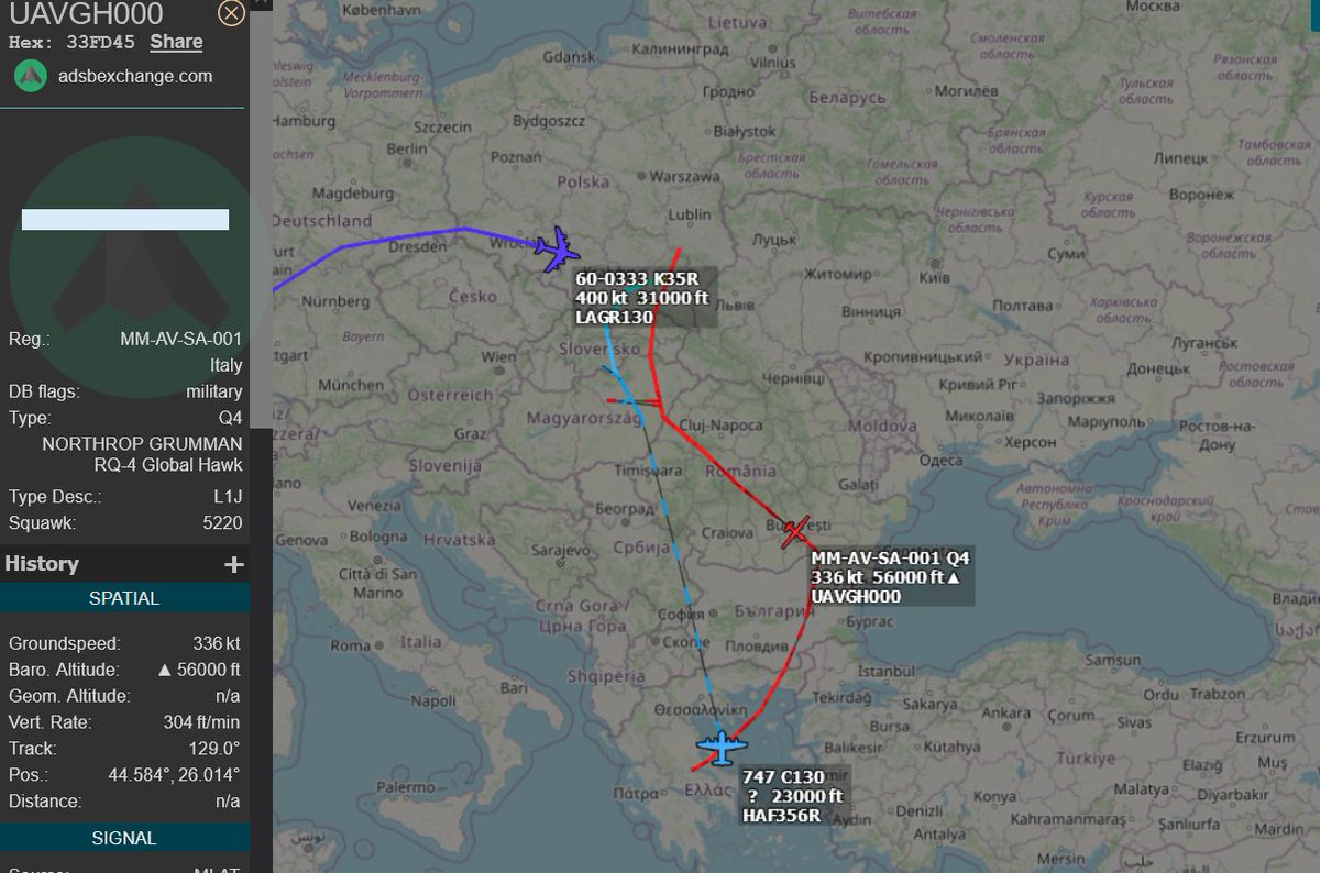 pitpro's tweet image. RQ-4 Global Hawk working @ 56kft over Romania watching Western Ukraine. #ADSB #33fd45