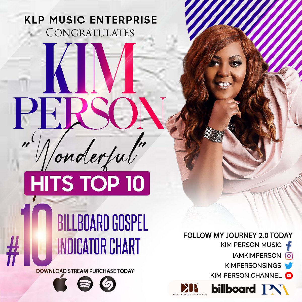 Kim Person Music is on the #RISE #Wonderful was listed on #mostincreased plays AND Cracked #Top10  landing at the #10 spot this week on #Thebillboard #GospelIndicator chart!! Wonderful is #AvailableNow on #alldigitalplatforms for #Streaming #Download #purchase