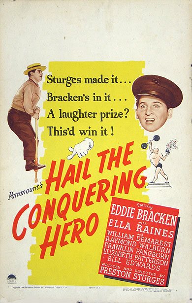 Hail the Conquering Hero (1944) is about a good-hearted dockworker unable to fight in WW2 due to chronic hayfever, but too ashamed to go home. He is befriended by a squad of recently-returned Marines, whose scheme to return him to his family without losing face quickly snowballs.