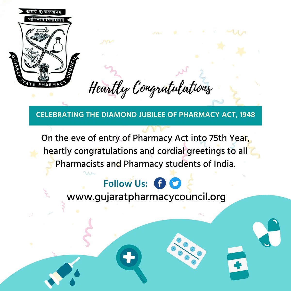 GSPC_Gujarat's tweet photo. On the eve of entry of Pharmacy Act into 75th Year, heartly congratulations and cordial greetings to all Pharmacists and Pharmacy students of India.
#gujaratstatepharmacycouncil #Congratulations #pharmacyact1948 #pharmacyact #DiamondJubilee https://t.co/qoS6ziDovY