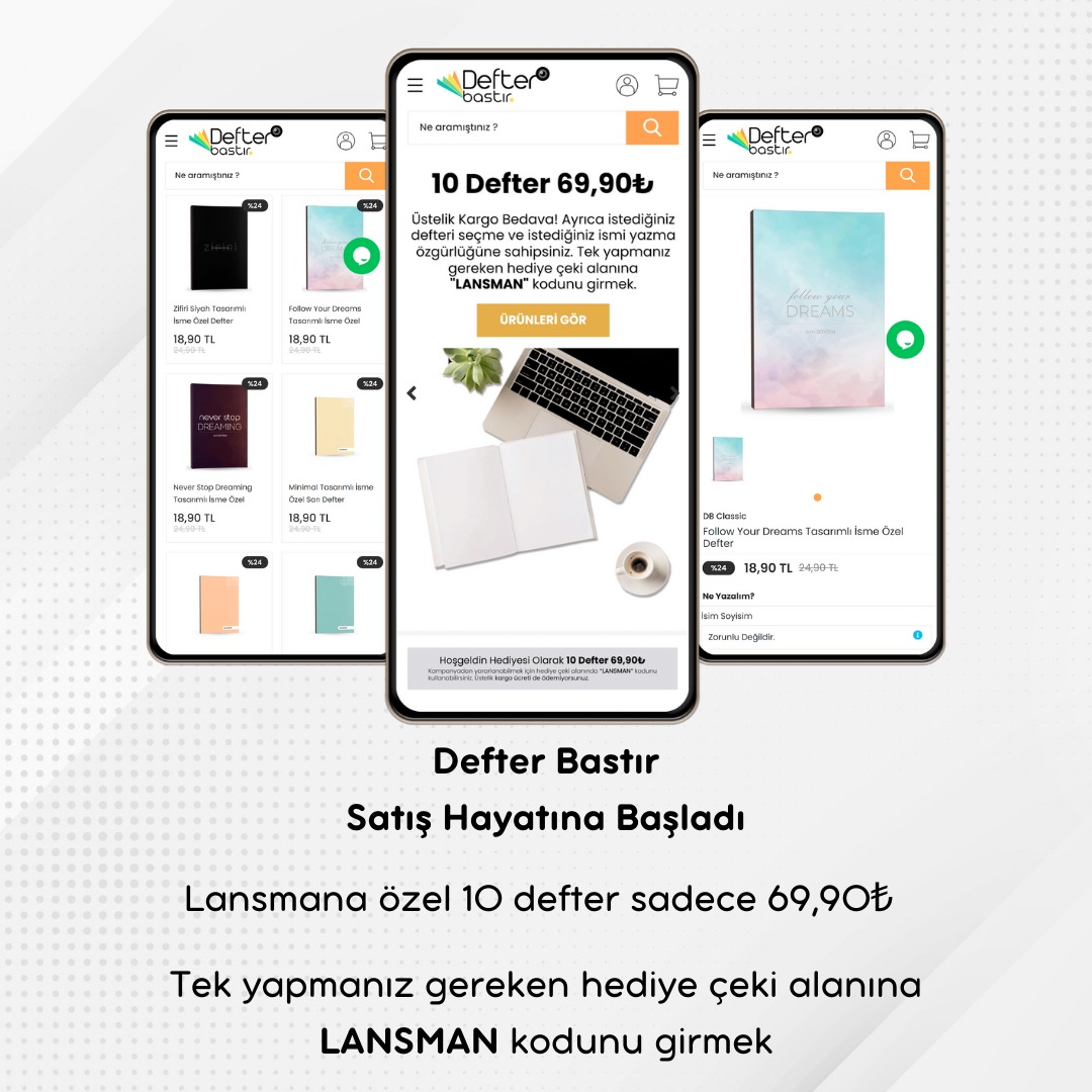 Defter Bastır satış hayatına başladı.

Çok özel lansman kampanyasıyla 10 defter sadece 69.90₺.

Hemen defterbastir.com a girin ve bu harika tasarımlı kişiye özel defterlere sahip olun.

#defter #deftertasarımı #hediyelik #hediye #kisiyeozel #kisiyeozelhediye