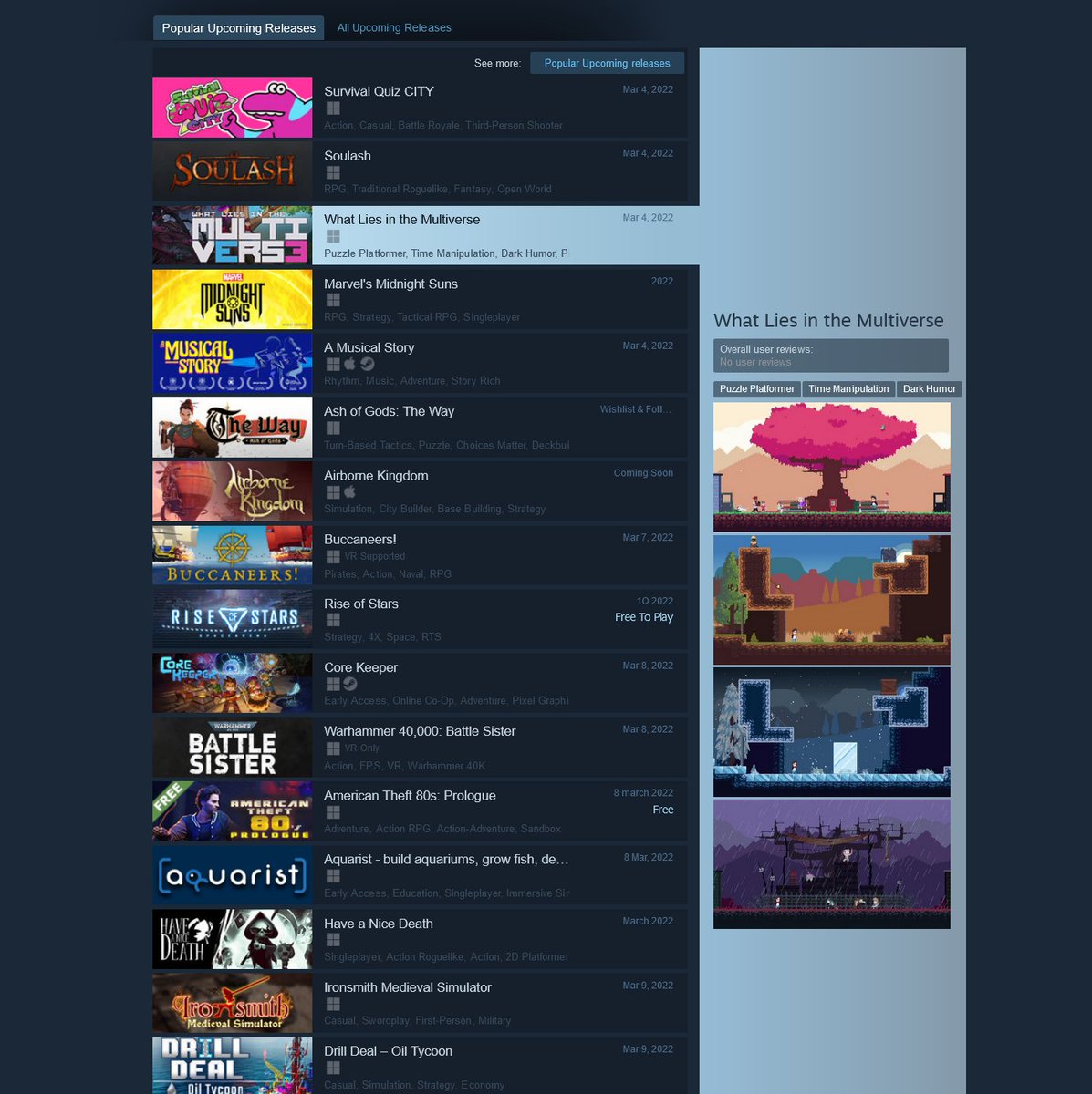 UntoldTalesHQ's tweet image. What Lies in the Multiverse is way up there on Steam&apos;s Popular Upcoming Releases! 

We can&apos;t wait for everyone to finally play - SOON 👀

Wishlist: bit.ly/3gfgpOH

#NintendoSwitch #Xbox #PlayStation #Steam #IndieGame #IndieDev