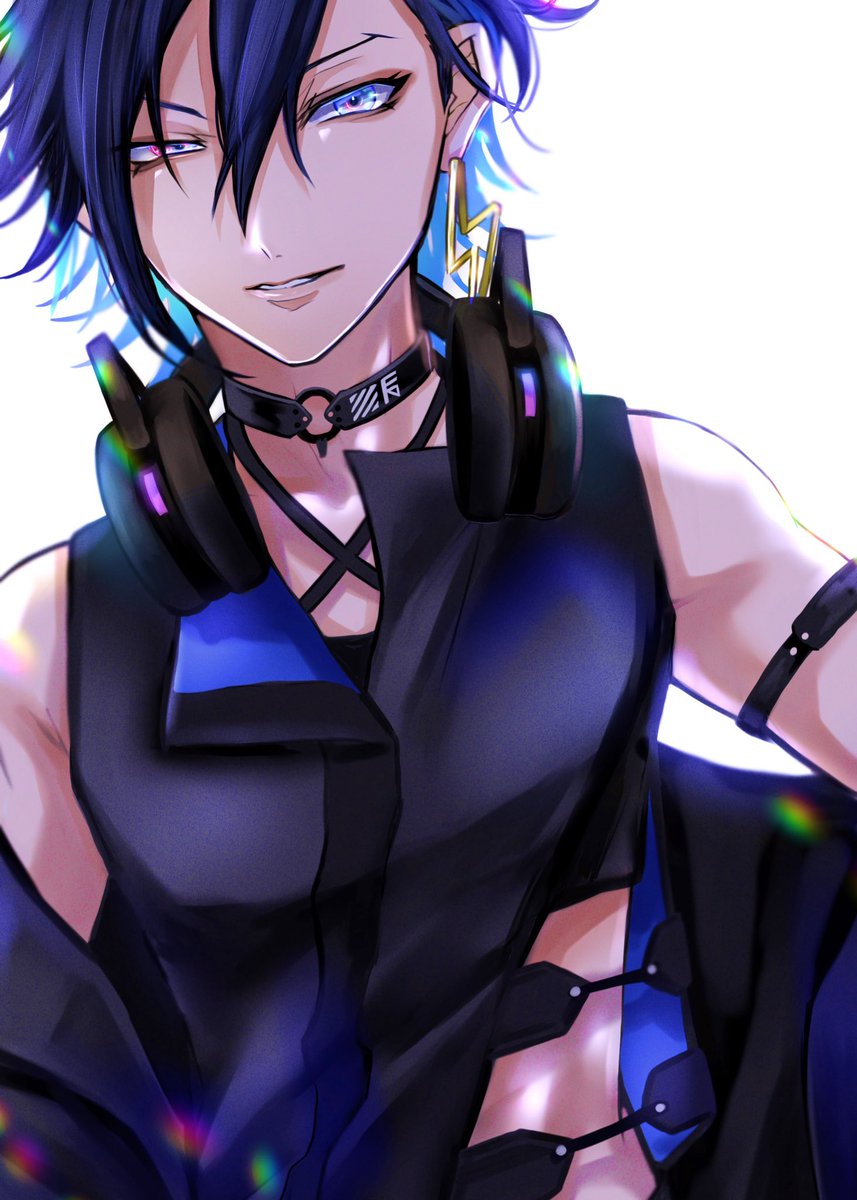 1boy male focus headphones blue hair solo blue eyes jewelry  illustration images