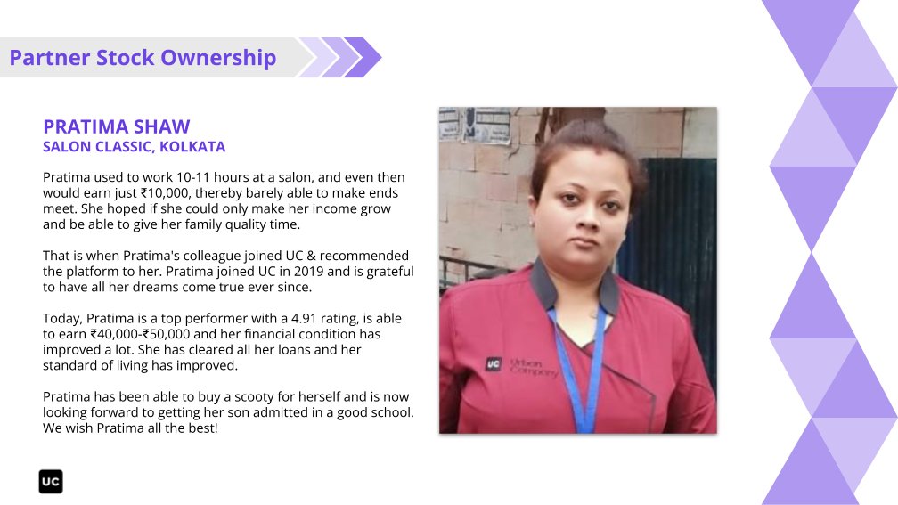 urbancompany_UC's tweet photo. Pratima Shaw, Salon Classic, Kolkata.

#PSOPs #partnerstocks #wealthcreators #equitysharing #urbancompany #gigeconomy #gigworkers #partnerwelfare https://t.co/CLQUJkMioM