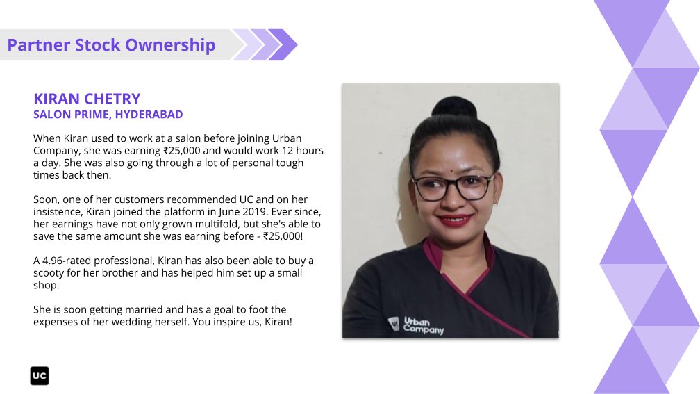 urbancompany_UC's tweet photo. Kiran Chetry, Salon Prime, Hyderabad.

#PSOPs #partnerstocks #wealthcreators #equitysharing #urbancompany #gigeconomy #gigworkers #partnerwelfare https://t.co/w8L4w2FKqJ