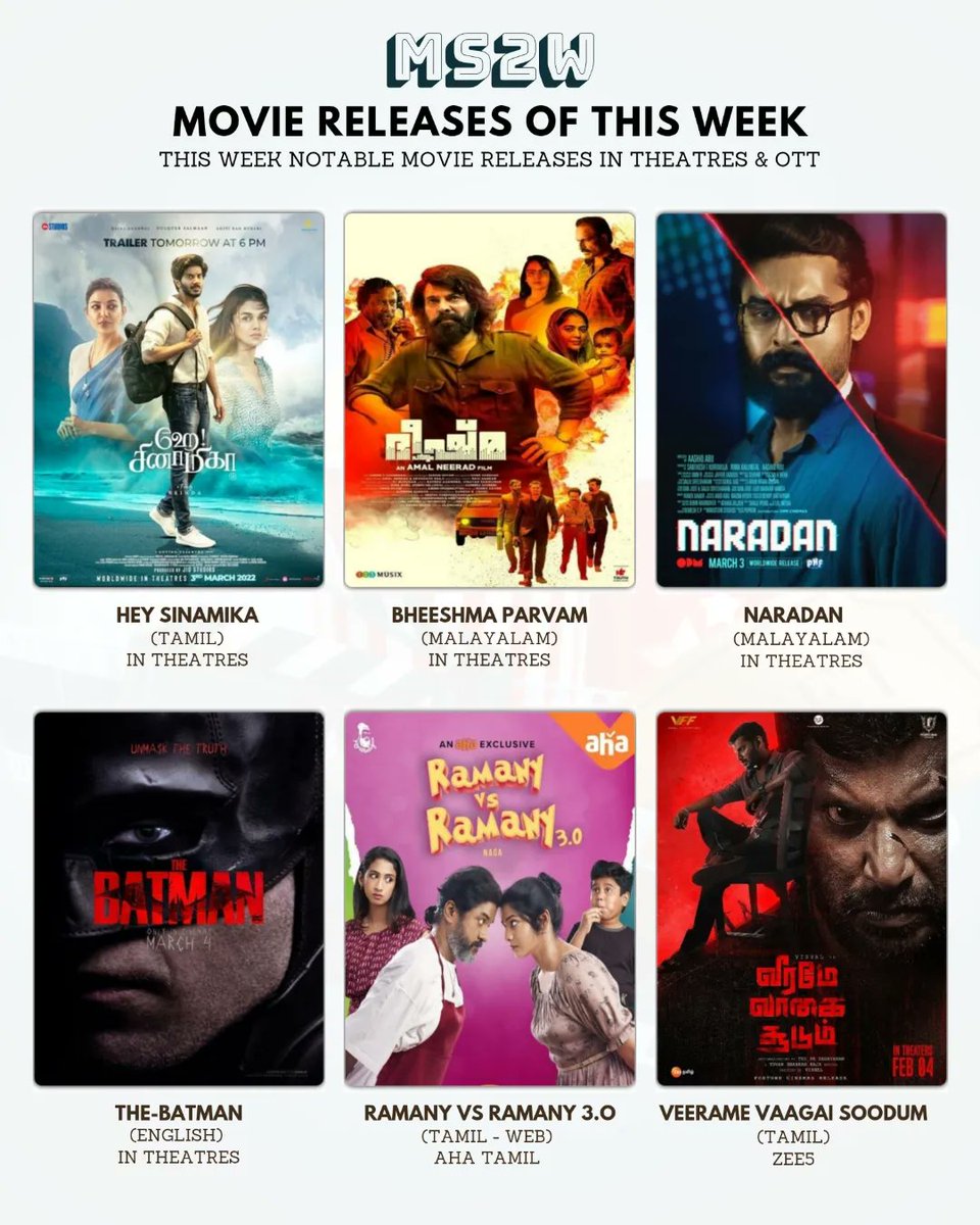 ms2wCinemas's tweet photo. MS2W - Movie Releases of the Week 
#ms2w #ms2wmoviereleaseoftheweek 
#heysinamika #bheeshmaparvam #naradan #thebatman #ramanyvsramany #veeramevaagaisoodum #rudratheedgeofdarkness #aadavallumeekujohaarlu #notimetodie #sebastianpc524 #jhund https://t.co/S5p0Dexb0J
